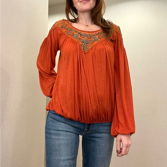 Free People embroidered orange blouse Size S Boho style. - Picture 11 of 14